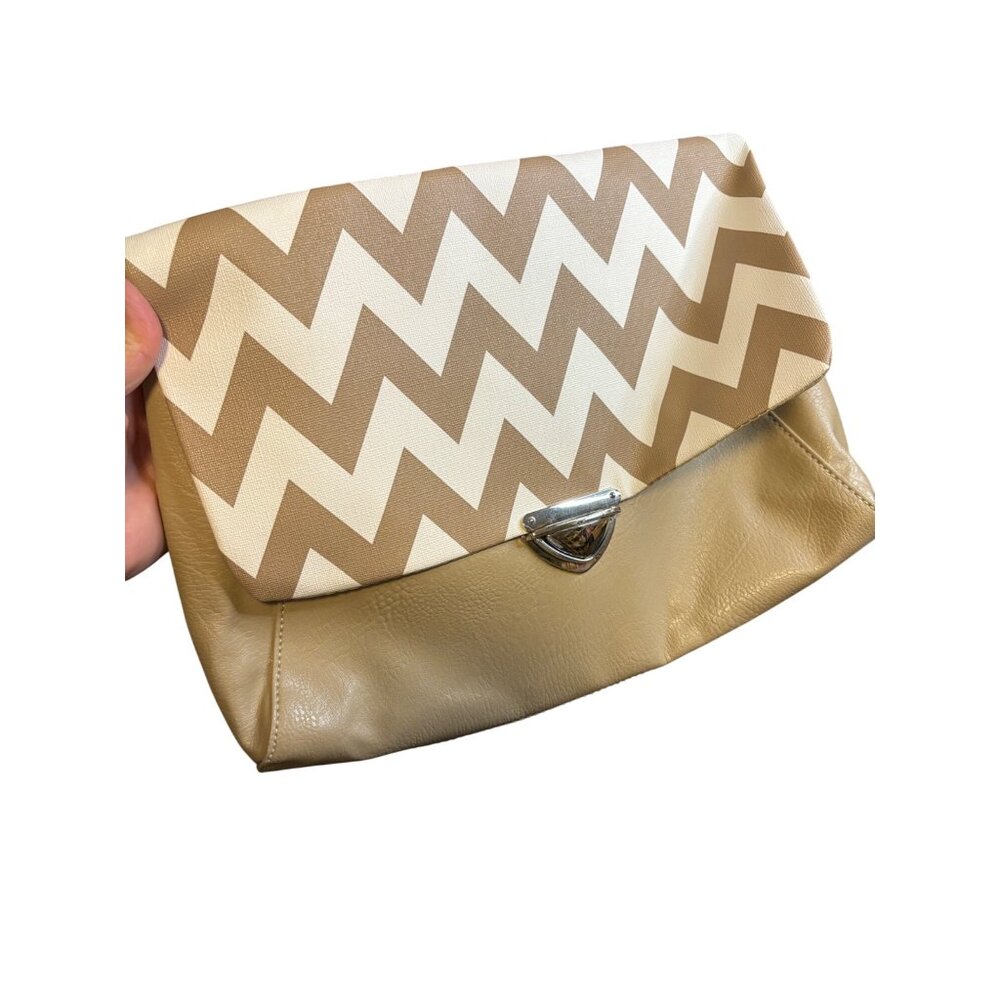 Chevron Flap Front Clutch Bag Wrist Strap Taupe White Zigzag Faux Leather
